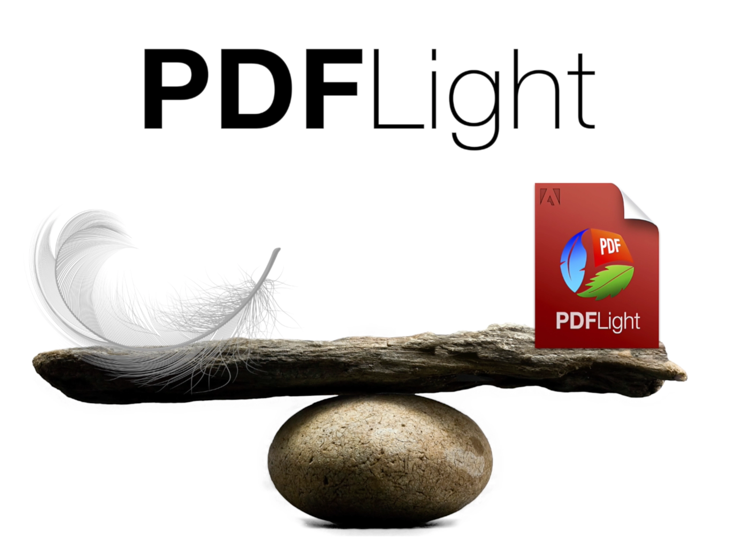 Optimized PDF file created with DALIM PDFLight, shown alongside a feather to illustrate its reduced size and lightweight nature.